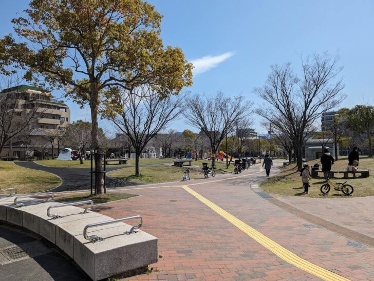 整備された歩道が公園内を走っており、両側がかるく丘のようになっている形