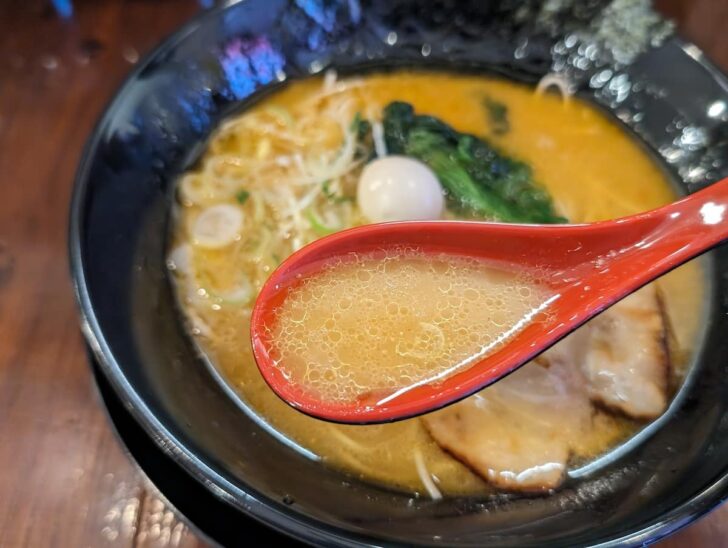 ほのかに豚骨を感じる一方で、博多ラーメンよりもカエシ（醤油ダレ）をより強めに感じる醤油豚骨スープ