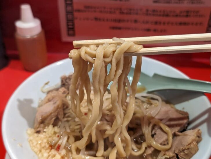 強力なスープにも負けない、ゴワゴワ、ワシワシとした二郎らしい極太の麺