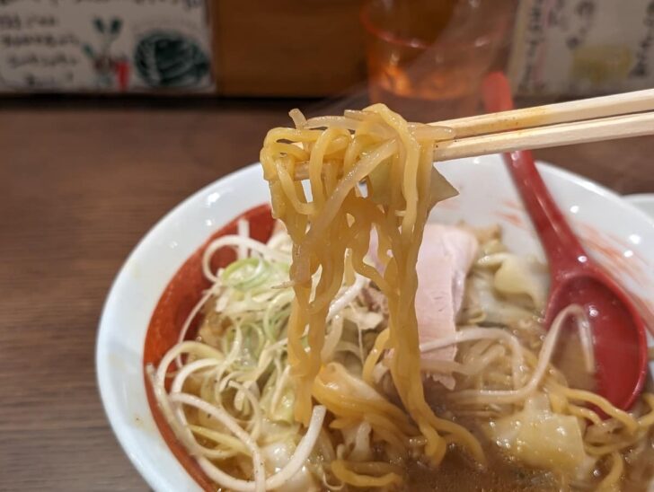 札幌から取り寄せたという中太卵縮れ麺に、まろやかでコクのあるスープがからんでうまい