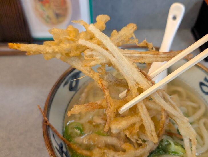 ごぼ天は細めのごぼうを使っており、厚めに切ってあるのでサクサク感とごぼうの食感・香りが心地よい