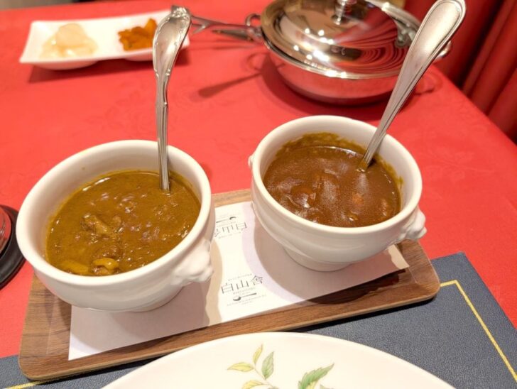 2種類のカレーソース。左が辛口ジャワ、右がビーフ