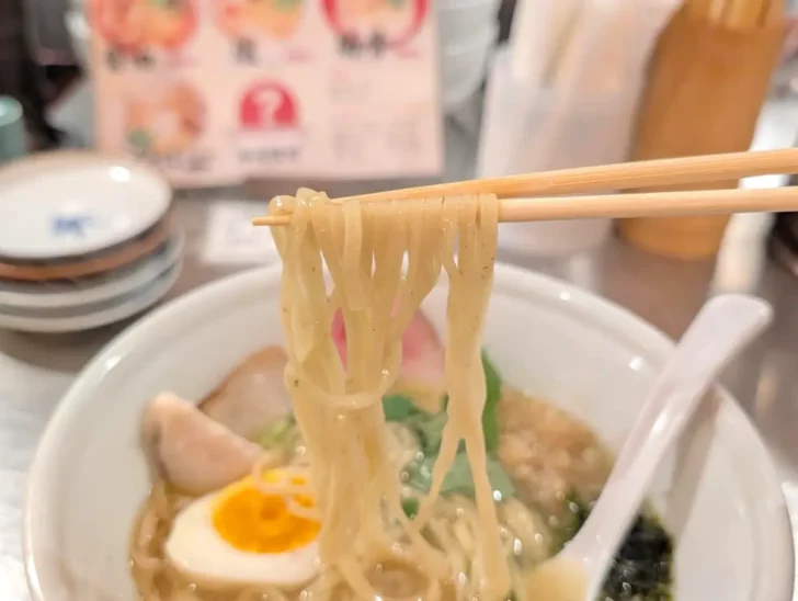 麺は小麦の胚芽が練り込まれており、スープが絡むだけでなく麺自体もおいしい
