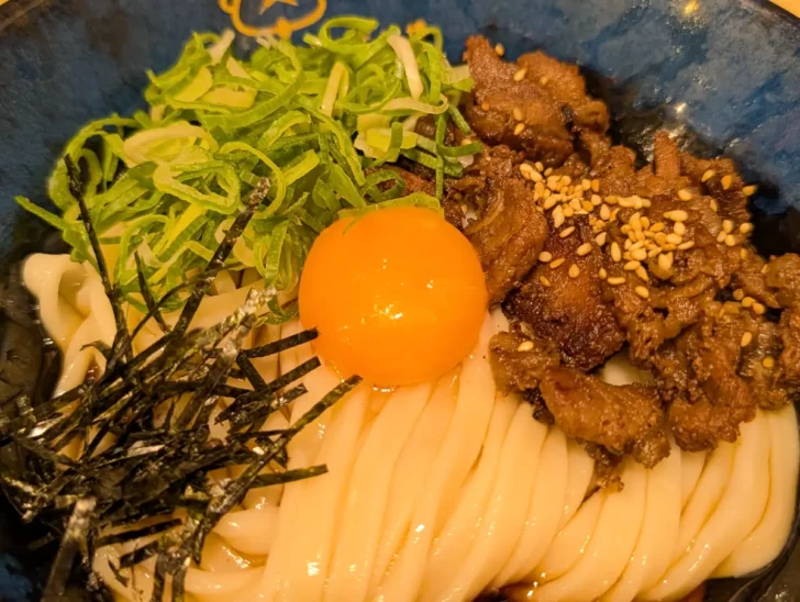 美しく整えられた麺につゆがかけられており、トッピングにカルビ、ネギ、ノリ、味宝卵の卵黄が乗っている